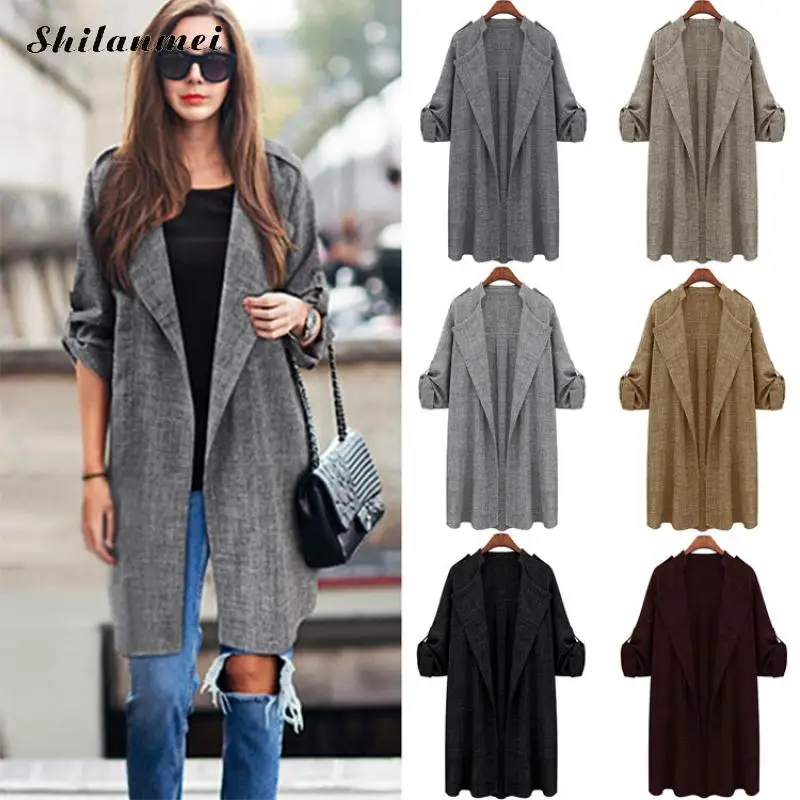 

2019 Fashion Autumn Women Trench Coat Open Front Long Cloak Waterfall Cardigan Overcoat Female Causal Gray Outwear XL-5XL