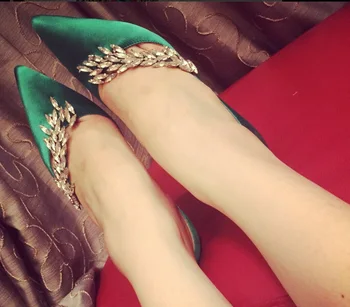 

Green Bling Bling Leaf Shaped Rhinestone Decorated Sexy Pumps Shoes Woman Red Black Champagne High Heel Slip-on Dress Shoes