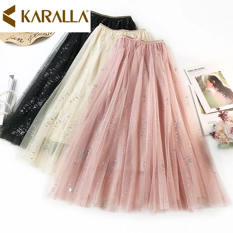 Для женщин Нежный Стиль юбка с блестящими пайетками; сетка; с высокой талией юбки женские большие гофрированная кайма юбка C870