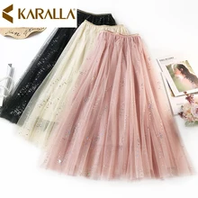 Для женщин Нежный Стиль юбка с блестящими пайетками; сетка; с высокой талией юбки женские большие гофрированная кайма юбка C870