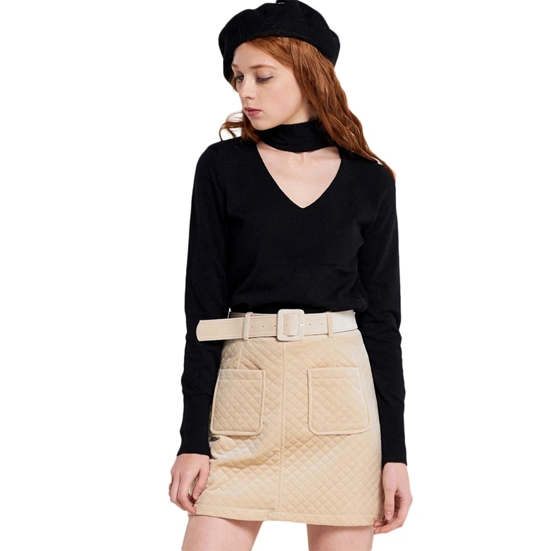 

Black long sleeve choker V neck blouses for women ladies spring autumn casual basic monochrome loose bottoming tops shirts