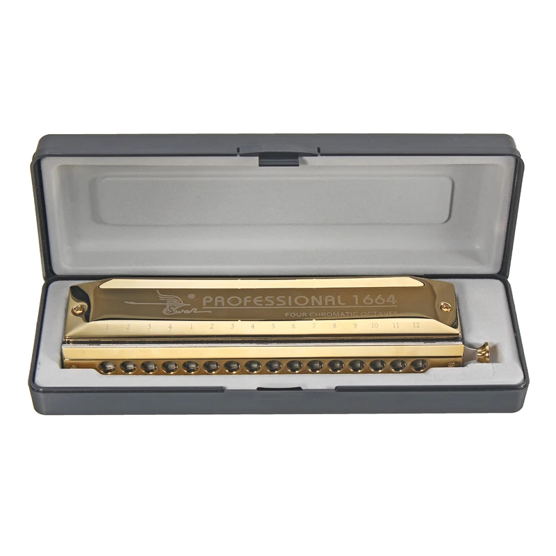 بجعة الراقية لوني هارمونيكا 16 ثقوب 64 نغمات الذهب الليزر شرع آلات النفخ الموسيقية أداة سوان هارمونيكا SW1664-3
