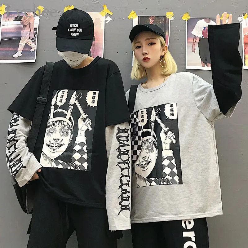 Lychee Harajuku Japanese Junji Ito Anime Print Women T-Shirt Fake 2 Pieces O-Neck Long Sleeve Casual Loose Female T-shirt