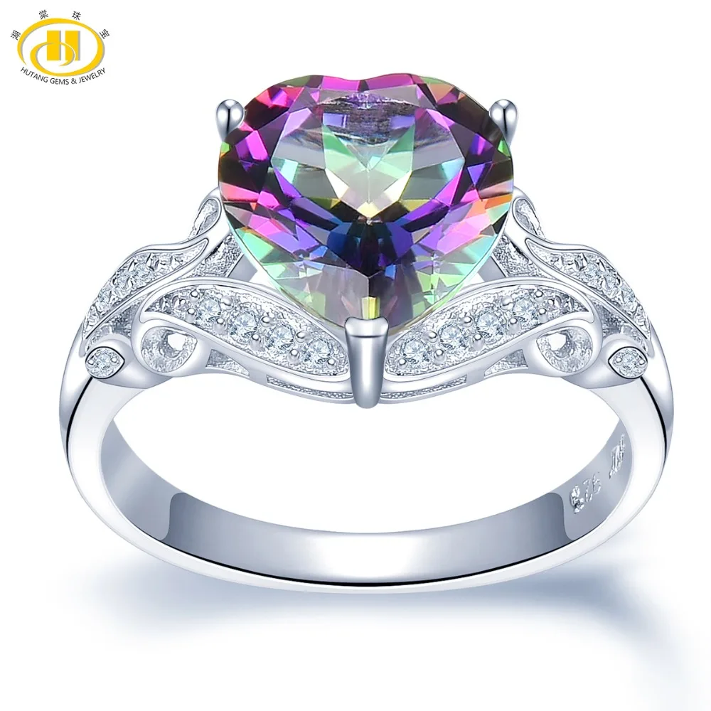 

Hutang 925 Silver Rings Natural 4.11ct Mystic Topaz Heart Ring Fine Gemstone Jewelry for Women Valentine's Best Gift Choice NEW