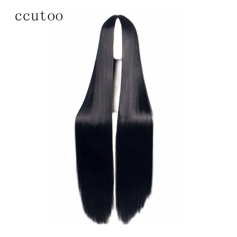 Resistência ao Calor Ccutoo 100 cm Preto e branco Longa Reta Parte Central Penteados Sintético Fibra Cosplay Completa Perucas Matar Qianmo