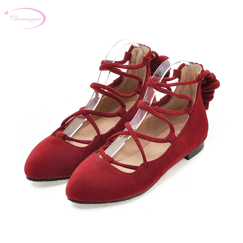 

Chainingyee leisure style sexy pointed toe pumps fashion lace-up black brown red low heel women's shoes big size