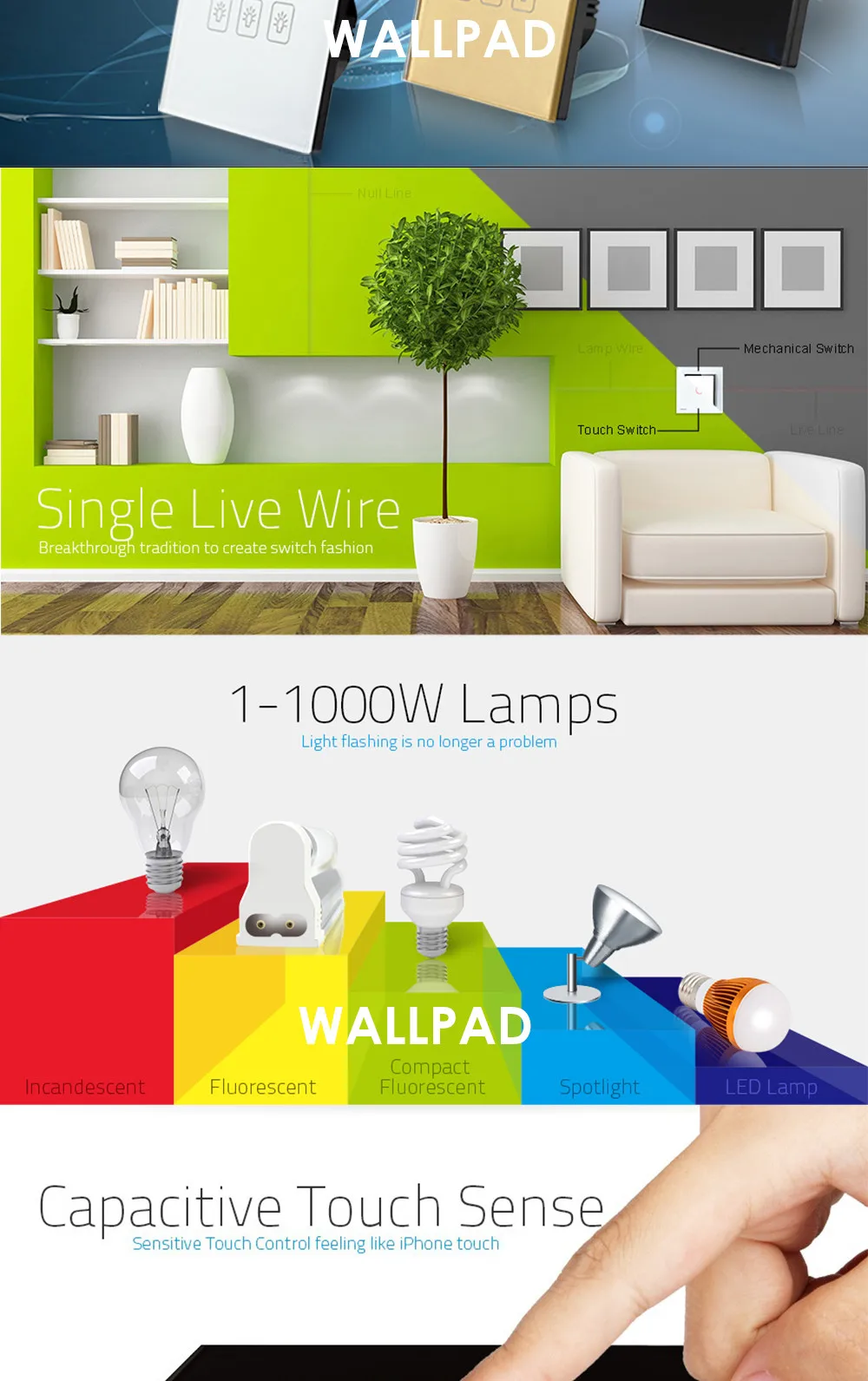 Производитель Wallpad стандарт ЕС 1 комплект 2 способ 3 способ управления Белый настенный светильник сенсорный экран переключатель стеклянная панель