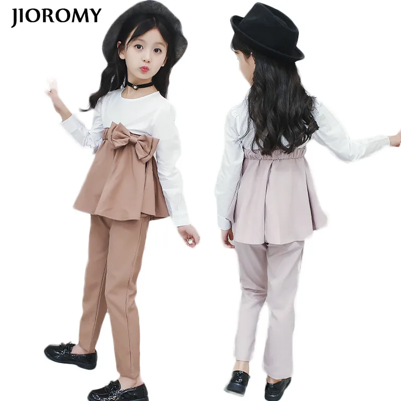 

JIOROMY Big Girls Clothes Sets 2019 Fall Korean Bow Tie Long-sleeved T-shirt+ Suit Pants 2pcs Thin Set Teens Kids Clothing Suit