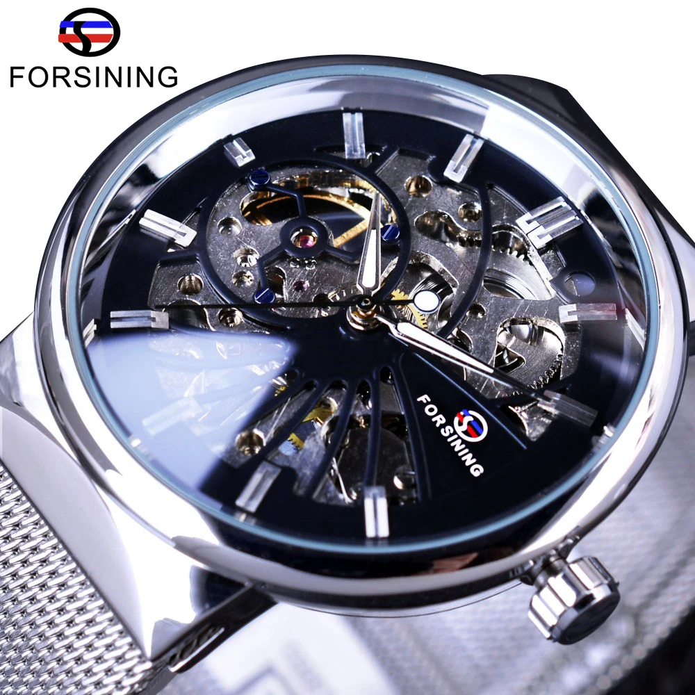 Forsining модные повседневные нейтральный дизайн Серебряный стальной прозрачный чехол часы с скелетом мужские часы лучший бренд Роскошные Механические
