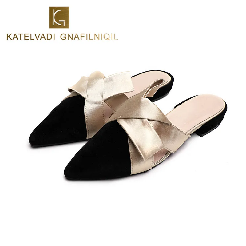 

Shoes Women Mules Slippers Black Flock Butterfly-knot Women Sandals Pointed Toe Bowtie Flats Mules Summer Ladies Shoes K-209