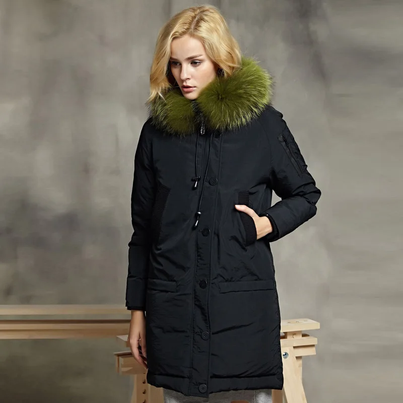 

YNZZU 2019 New Winter Women's Down Jacket Casual Long White Goose Down Coat with Real Fur Collar Hooded Warm Loose Outwear AO731