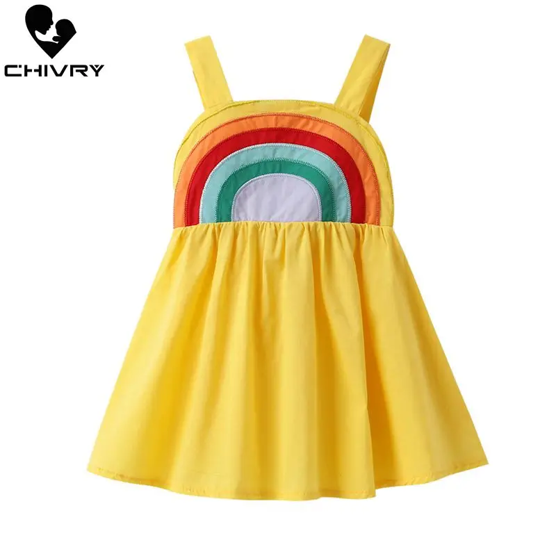 

Little Girls Summer Dress Rainbow Print Princess Dresses Kids Baby Girls Sling Strapless Sleeveless Loose New A-line Sundress
