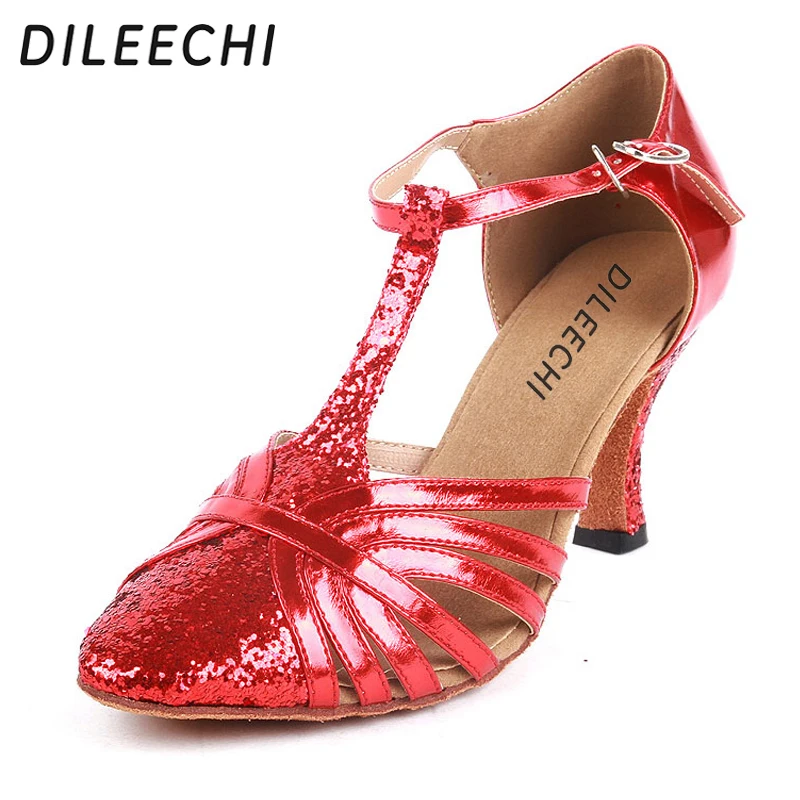 Женские туфли для латиноамериканских танцев DILEECHI красные/Серебристые из
