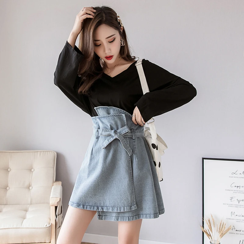 Jeans Skirt Black Denim Wrap Skirt Mini Summer High Waist Skirts Womens Korean Bow Kawaii Faldas Mujer Moda 2019 Streetwear Saia
