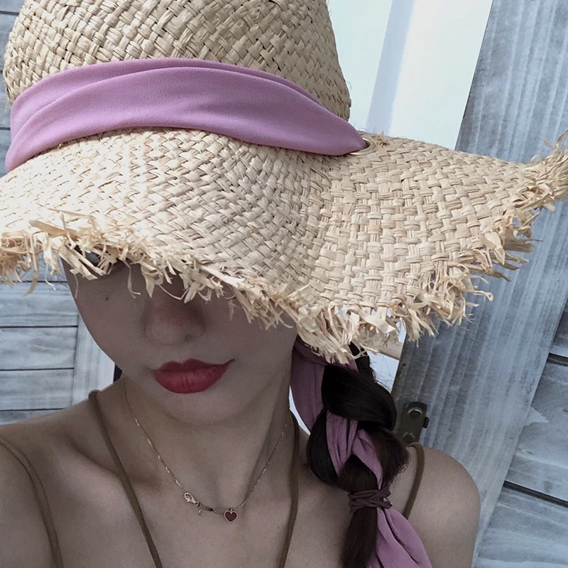 Günstige Handgemachte Webart 100% Bast Sun Hüte Für Frauen Schwarz Band Spitze Up Große Krempe Stroh Hut Im Freien Strand Sommer Caps chapeu Feminino