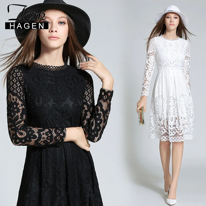 

Tom Hagen Summer Lace Dress Women Long-Sleeved Party Dresses Sexy Sweet Mesh Streetwear Hollow-out Lace Knee-lenght Dress