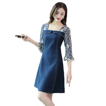 

5XL Vintage Dresses Denim Patchwork Large Size Women Vestidos Elegant 2019 Spring Square Collar Seven-quarter Sleeve Dress f081