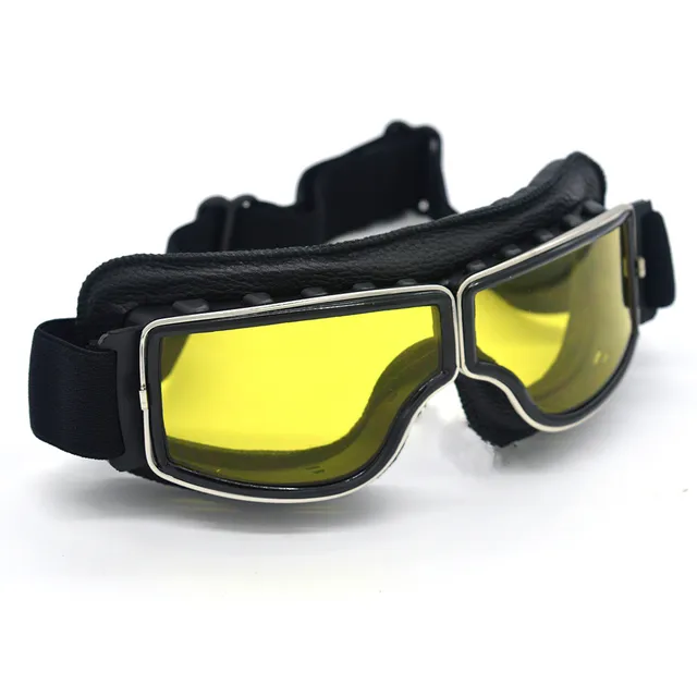 Jaune Lentille Vintage En Cuir Moto Lunettes Pilote Moto Rétro Jet