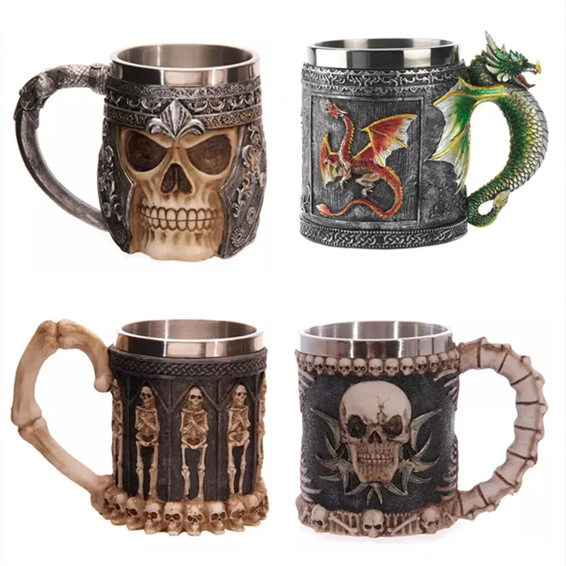 350ML Double Wall Stainless Steel 3D Skull Mugs Coffee Tea Bottle Mug Skull Knight Tankard Dragon
