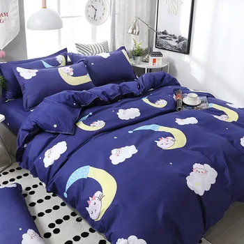 

49 4pcs/set Brief Style Blue Cat Moon Cloud Printing Comfortable Family Bedding Set Bed Linings Duvet Cover Bed Sheet Pillowcase