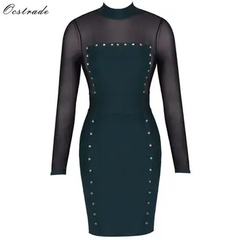 

Ocstrade Green High Neck Long Sleeve Above Knee Mesh Buttoned Transparent Bandage Dress