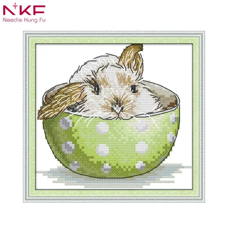 

NKF 2018 New Arrival A rabbit in a teacup Printed unprinted cloth DMC 11CT 14CT DIY Handmade Cross Stitch Kits Room Painting