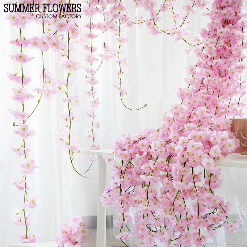 

200cm Sakura Cherry Rattan Wedding Arch Decoration Vine Artificial flowers Home Party Decor Silk Ivy wall Hanging Garland Flower