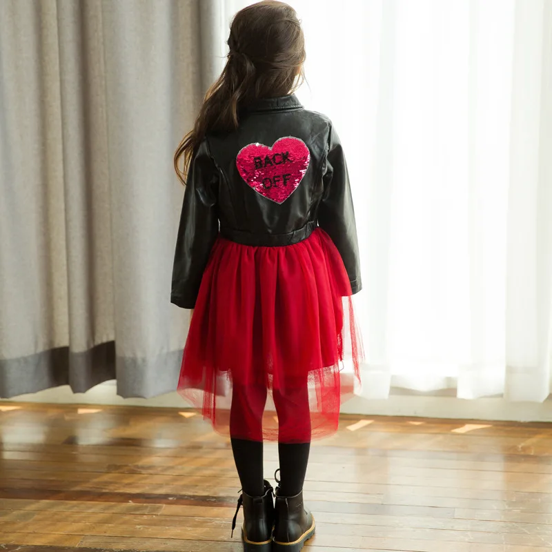 Новое Осеннее Брендовое платье для маленьких девочек детское платье из искусственной кожи детское платье с блестками и сердечками Сетчатое платье в стиле пэчворк для малышей#3247