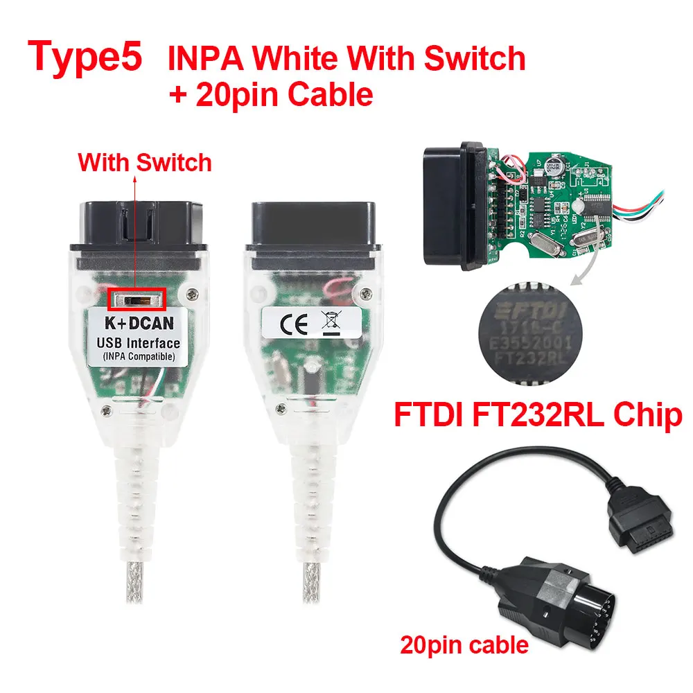 Для BMVV INPA K+ CAN K CAN INPA с чипом FT232RL K DCAN USB интерфейс полный диагностический OBD2 кабель INPA для BMVV от 1998 до 2008 - Цвет: INPA switch 20pin