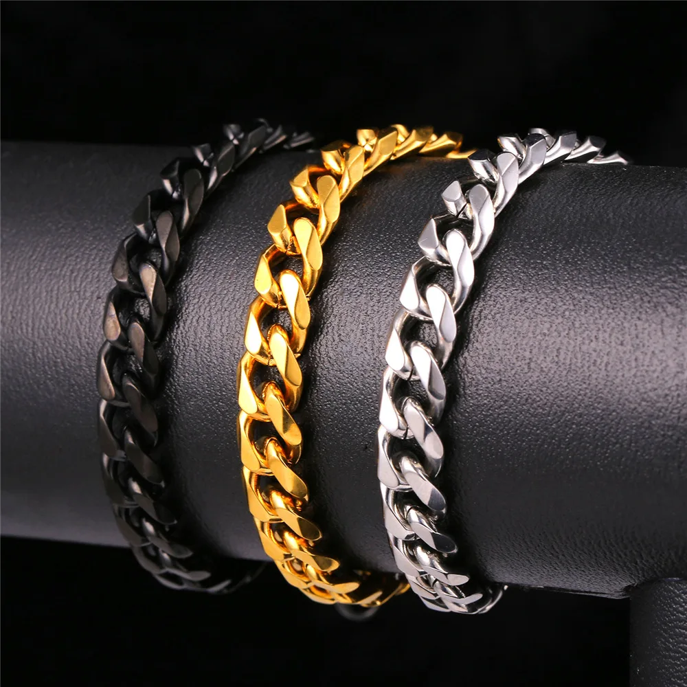 Mens Gold Color Link Chain Bracelets 21 cm 3/6/9/12mm Width Black Gun
