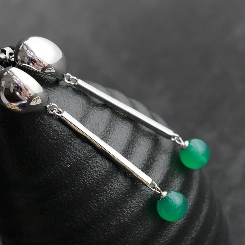 

2019 fashion jewelry silver inlaid natural chalcedony south onyx s925 sterling silver pendant long tassels silver earrings
