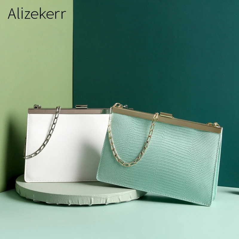 

100% Genuine Cowhide Handbag Women New Summer Metal Chain Scarf Green Square Envelope Clip Cow Leather Shoulder Bag Female Flap