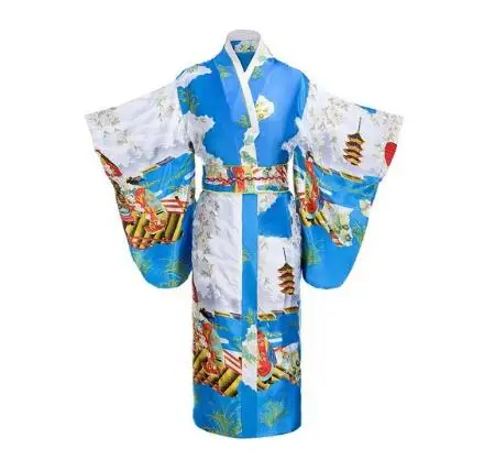 Винтаж розовый японский Для женщин атлас кимоно классический юката хаори Новинка Вечеринка платье цветок Косплэй костюм один размер JK002 - Цвет: Blue