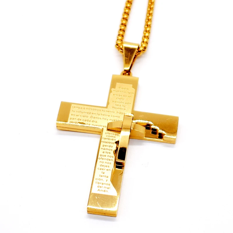 

AMUMIU Spanish Scripture Bible Gold Color Cross Pendant Necklaces Stainless Steel Chain Men's Women's Jewelry Holy Writ HP253A