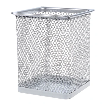 

New-Silver Gray Metal Mesh Rectangle Shaped Pen Pencil Holder Container