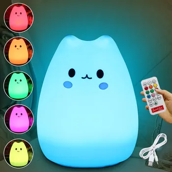 

Color Changing Silicone Animal Cat Rechargeable USB LED Night Light Lamp For Children Bedroom With Remote Control
