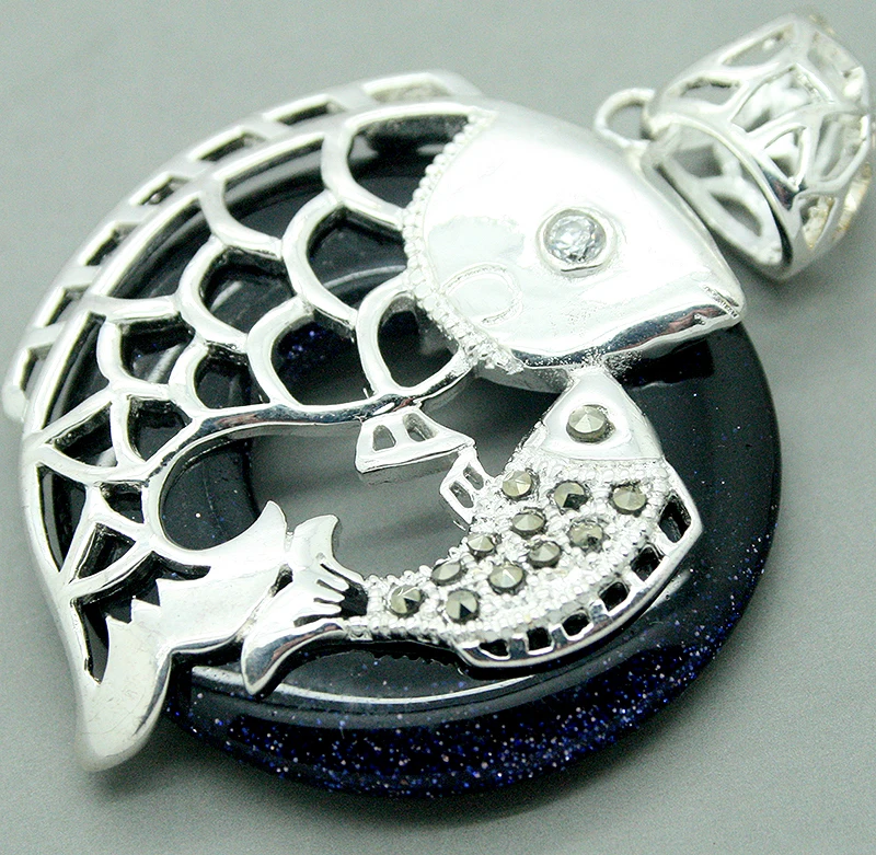 925 Silver fish inlay 30MMX30MM Blue Sand stone Jewelry Pendant | Украшения и аксессуары
