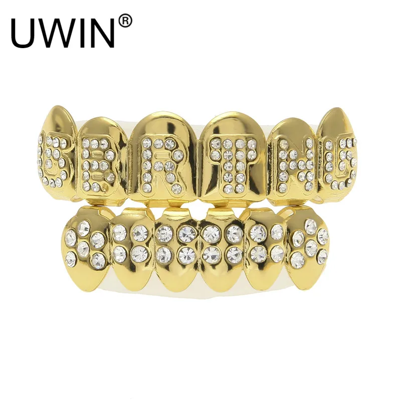 

UWIN Gold Color Iced Out Letter CZ Rhinestone Hip Hop Teeth For Mouth GRILLs Caps Top & Bottom Grill Set vampire teeth Jewelry