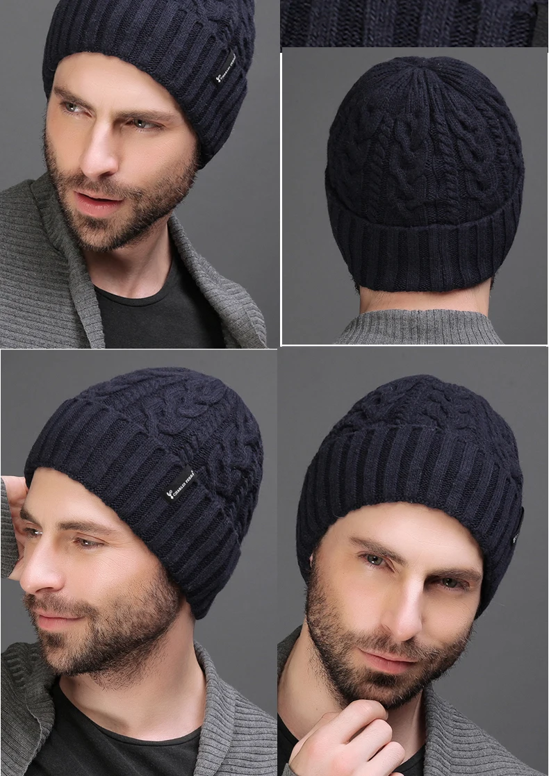 Шерсть кашемир Мужская зимняя шапка вязанная Skullies Beanies шапки Мужские двухслойные утолщенные шерстяные шапки D4315