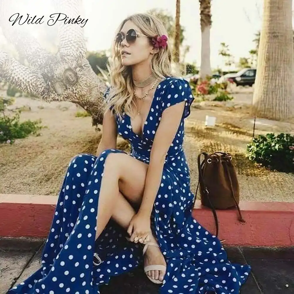 WildPinky Boho горошек длинные платья Для женщин Разделение короткий рукав Летнее Повседневное платье уличная Черный Макси платье Vestidos - Цвет: Тёмно-синий