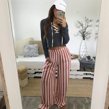 

New Fashion Women Striped Casual Loose Pants High Wiast Wide Legs Womens Fashion Stretch Loose Pants Trousers