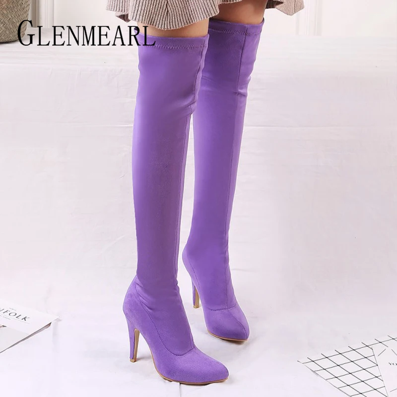 

Women Boots Over The Knee Winter Shoes High Heels Pointed Toe High Boots Shoes Woman Stretch Colorful Botas Female Plus Size DE