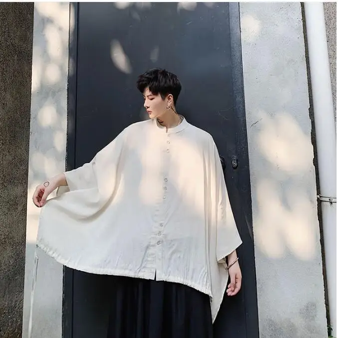 Extra wide shirt Лето товара темно-черные, на шнурке дизайн для мужчин рукав летучая мышь стилист рубашки из хлопка и льна семи-рубашка с рукавами - Цвет: Extra wide shirt