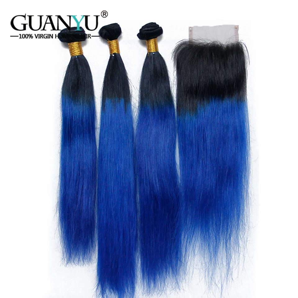 Guanyuhair 3Pcs Ombre 1B/Blue Hair Bundles With Closure 4x4 #Dark Roots Brazilian Remy Straight Human Hair Weave Guanyuhair 3Pcs Ombre 1B/Blue Hair Bundles With Closure 4x4 #Dark Roots Brazilian Remy Straight Human Hair Weave