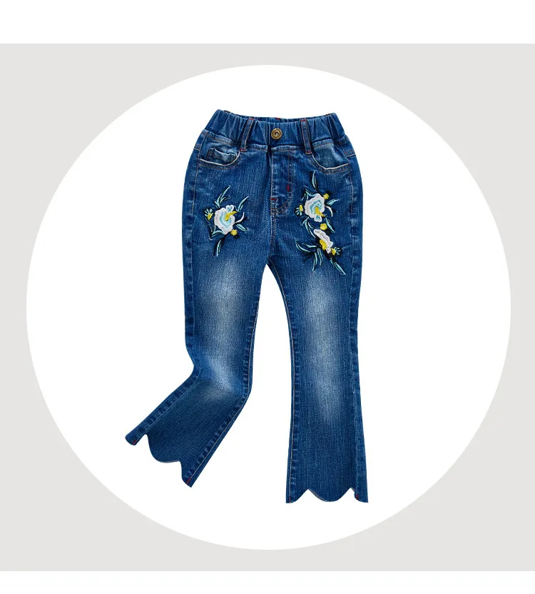 Kids Girls Flower Embroidery Blue Flared Jeans 25