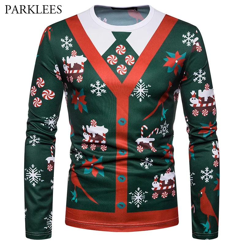 Fake Two Pieces Christmas T Shirt Men Long Sleeve Mens O Neck T shirts ...