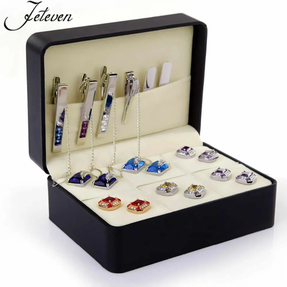 Top Quality 6 Pairs Cufflinks Box Black PU Leather Velvet Sponges
