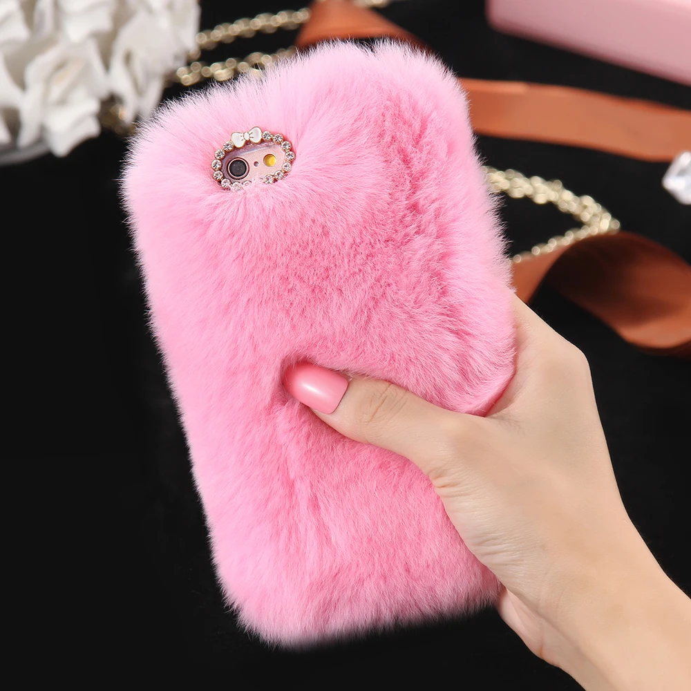 New 100% Real Rabbit Fur Case For iPhone 6 6s / 6s Plus Fashion Luxury Cute Cartoon Hair Bling Diamong Cover For iPhone 6 Plus