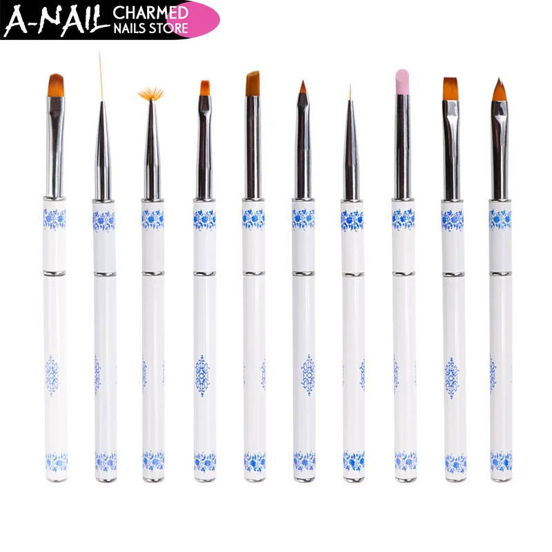 

NEWBY 10 Pcs/set UV Gel Polish Nail Brushes Painting Drawing Liner Pen With Detachable Cap White porcelain Handle Nail Art Tools
