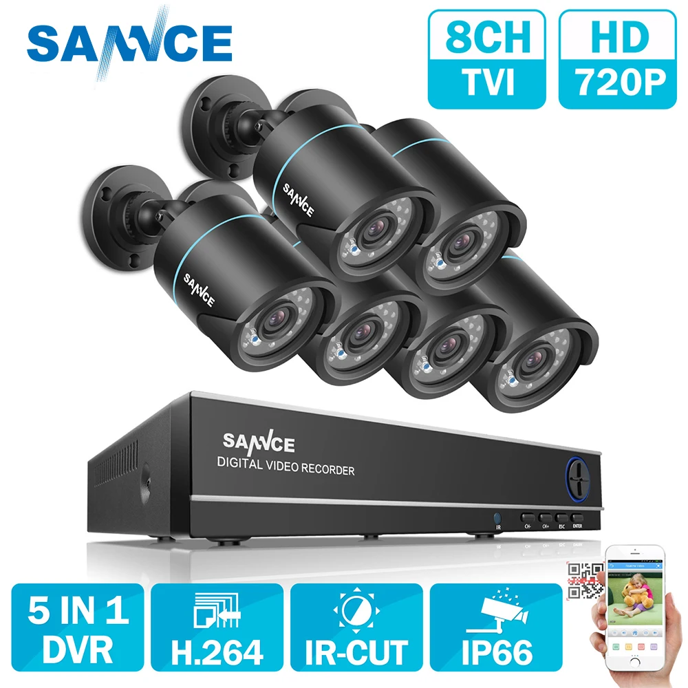 

SANNCE 8CH Output Onvif Supported DVR Waterproof 720P 1.0MP Night Vision Camera CCTV System Surveillance Kits With 6 Cameras
